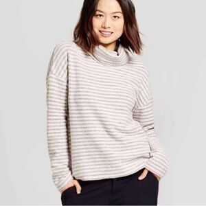 A NEW DAY Light Gray Maroon Striped Turtleneck Sweater Small